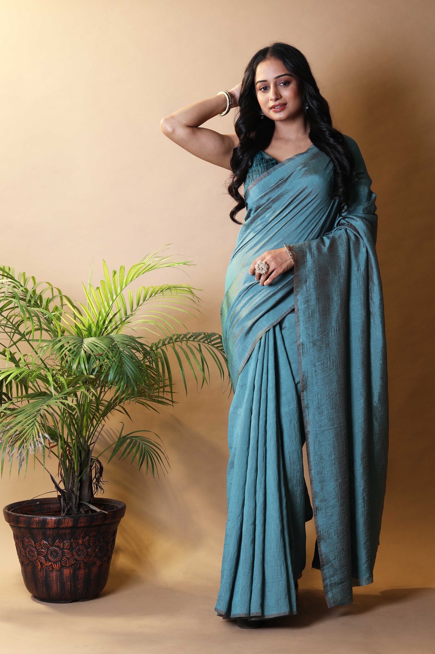 Aqua Green Shimmer Silk Blend Two Tone Party Wear Saree