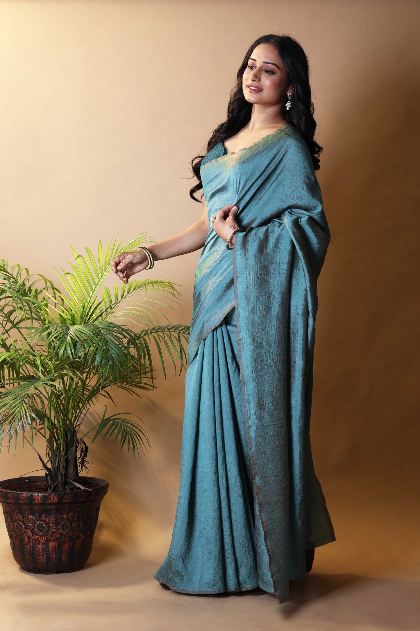 Aqua Green Shimmer Silk Blend Two Tone Party Wear Saree