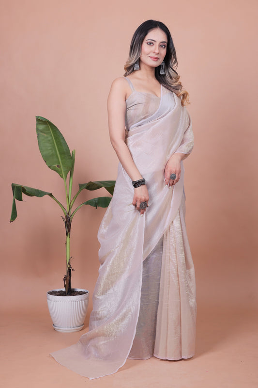 Elegant Pearl White Tissue Silk Crunchy Party Wear Saree