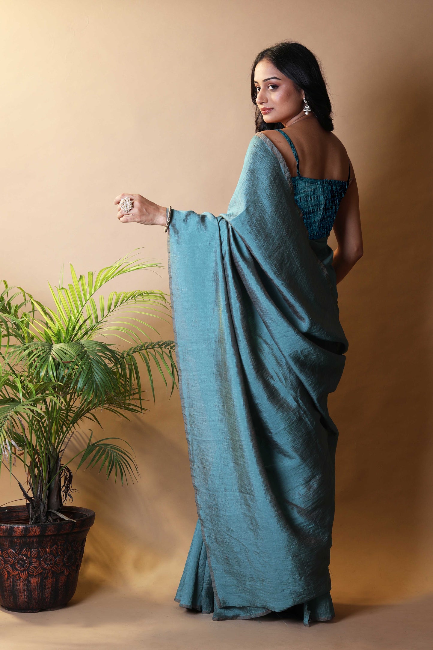 Aqua Green Shimmer Silk Blend Two Tone Party Wear Saree