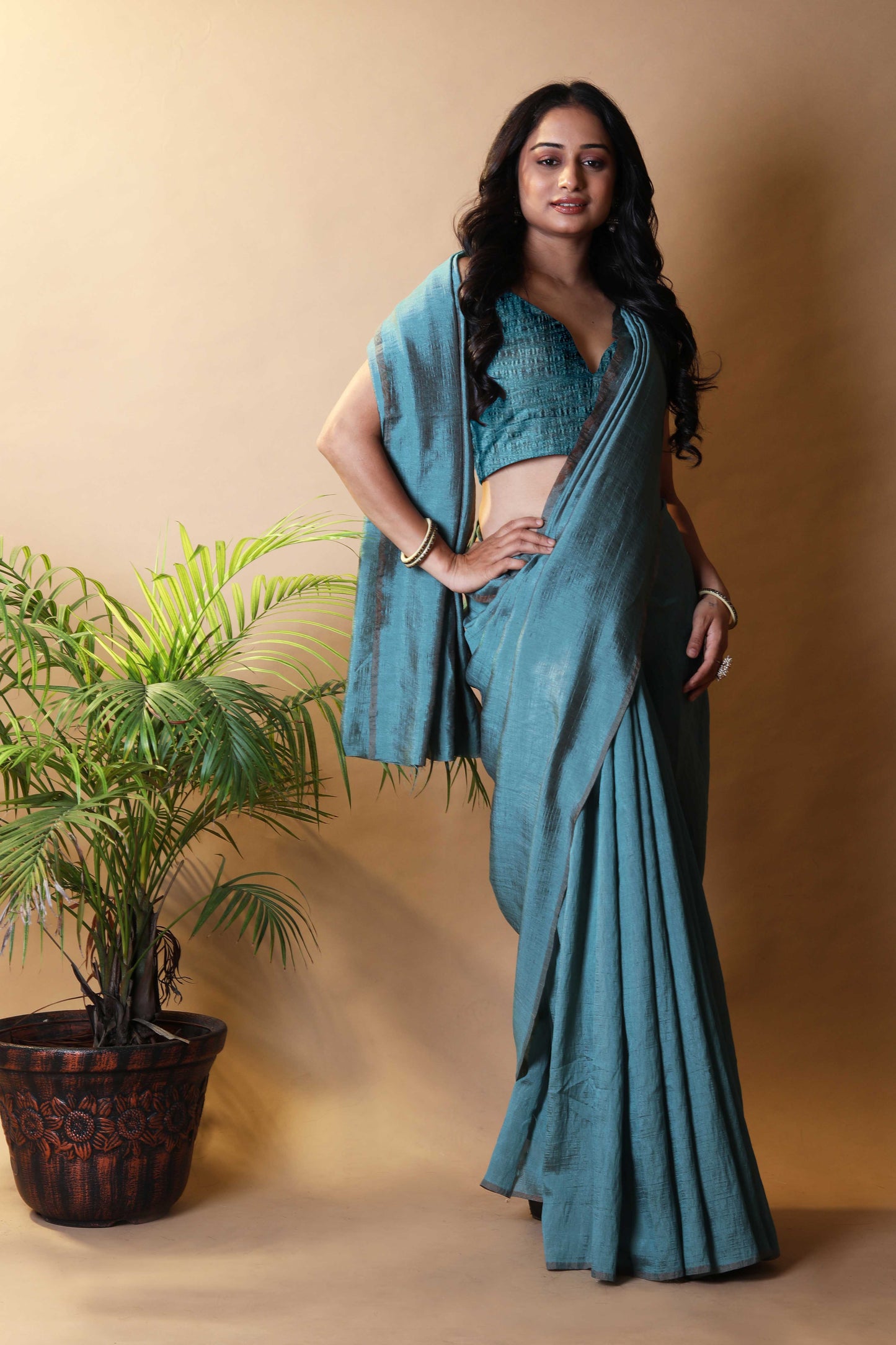 Aqua Green Shimmer Silk Blend Two Tone Party Wear Saree