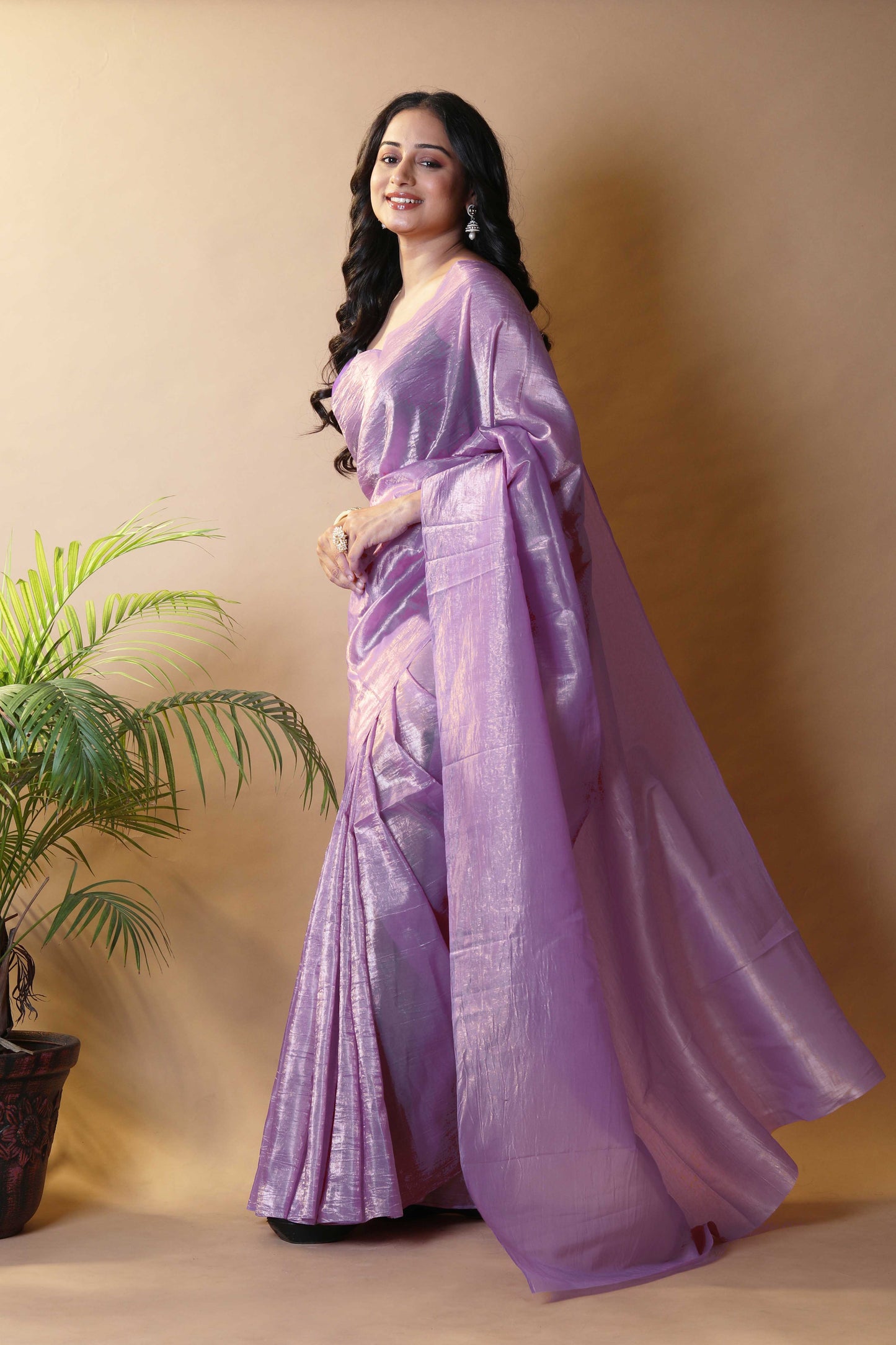 Elegant Lavender Tissue Silk Crunchy Party Wear Saree
