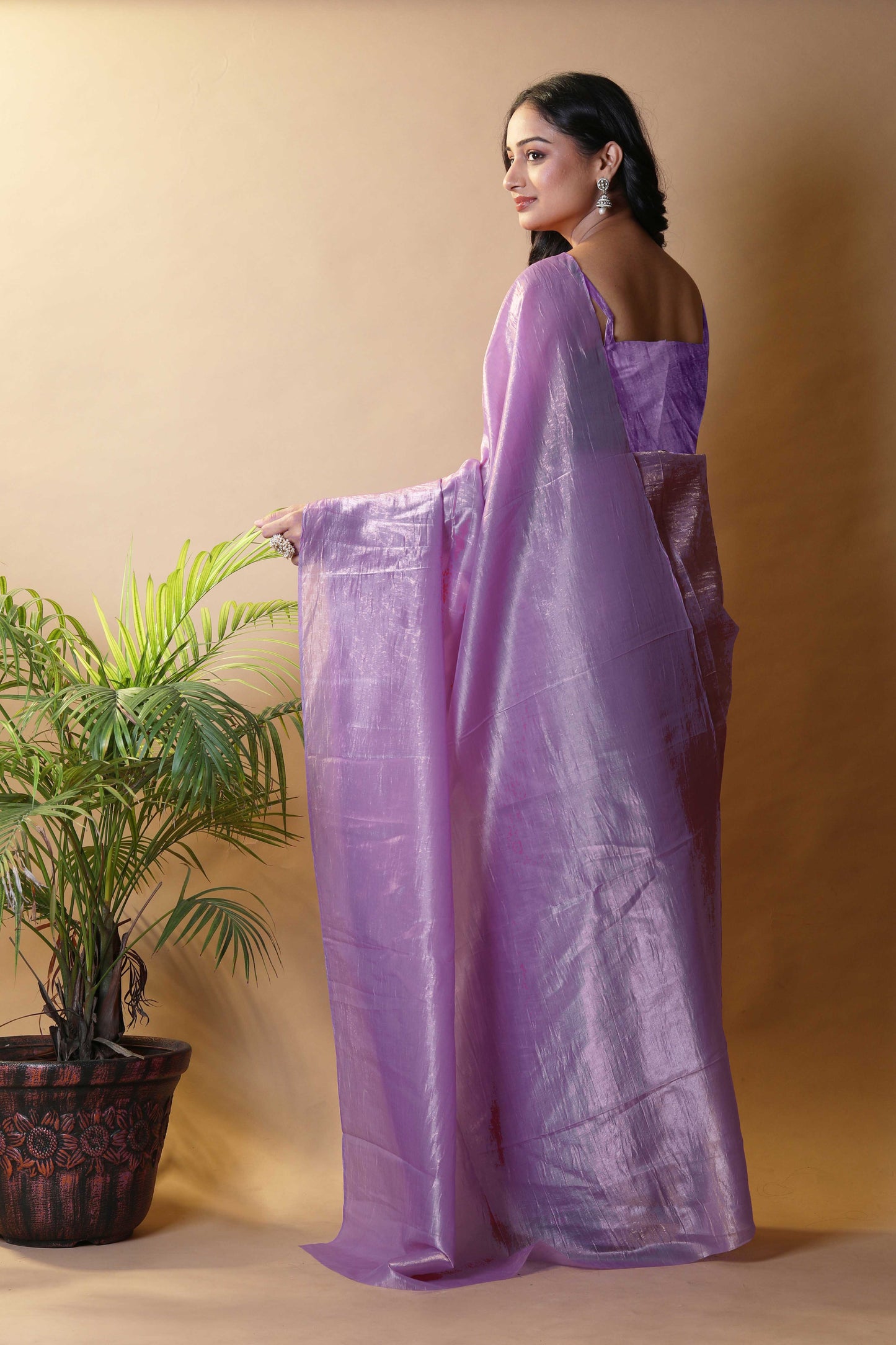 Elegant Lavender Tissue Silk Crunchy Party Wear Saree
