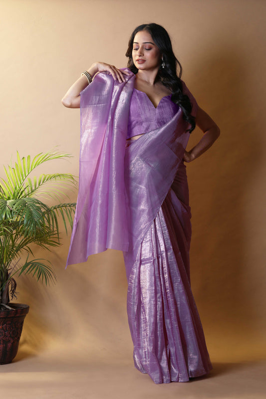 Elegant Lavender Tissue Silk Crunchy Party Wear Saree