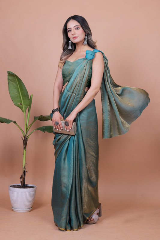 Elegant Teal Green Shimmer Pure Satin Silk Two Tone Party Wear Saree