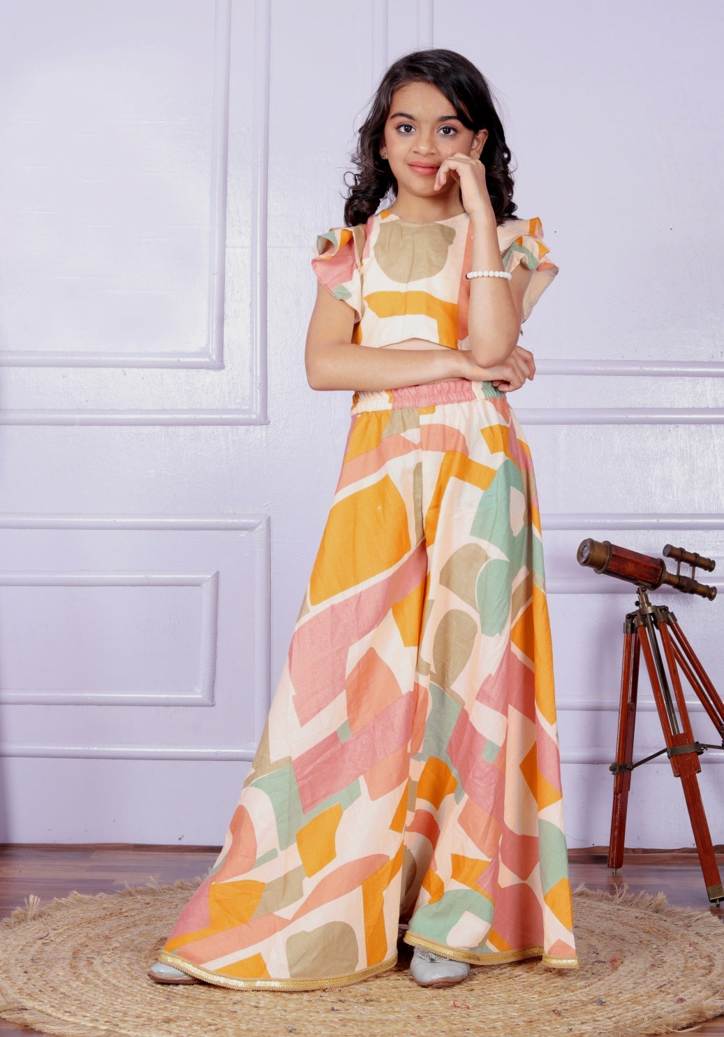 Girls Abstract Printed Crop Top And Palazzo Set With Bottom Lace