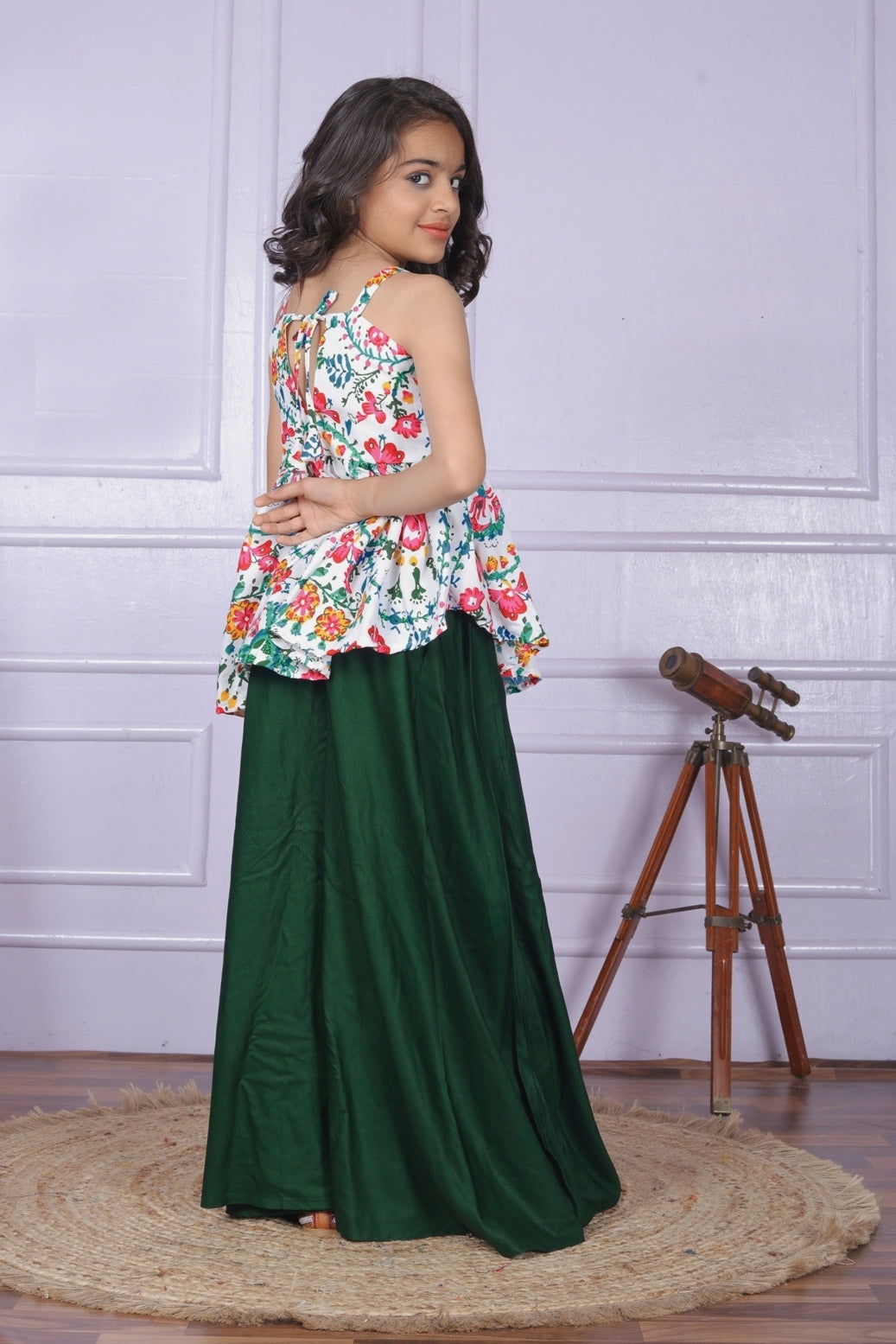 Girls Western Style Floral Printed Up Down Kurti And Palazzo Set