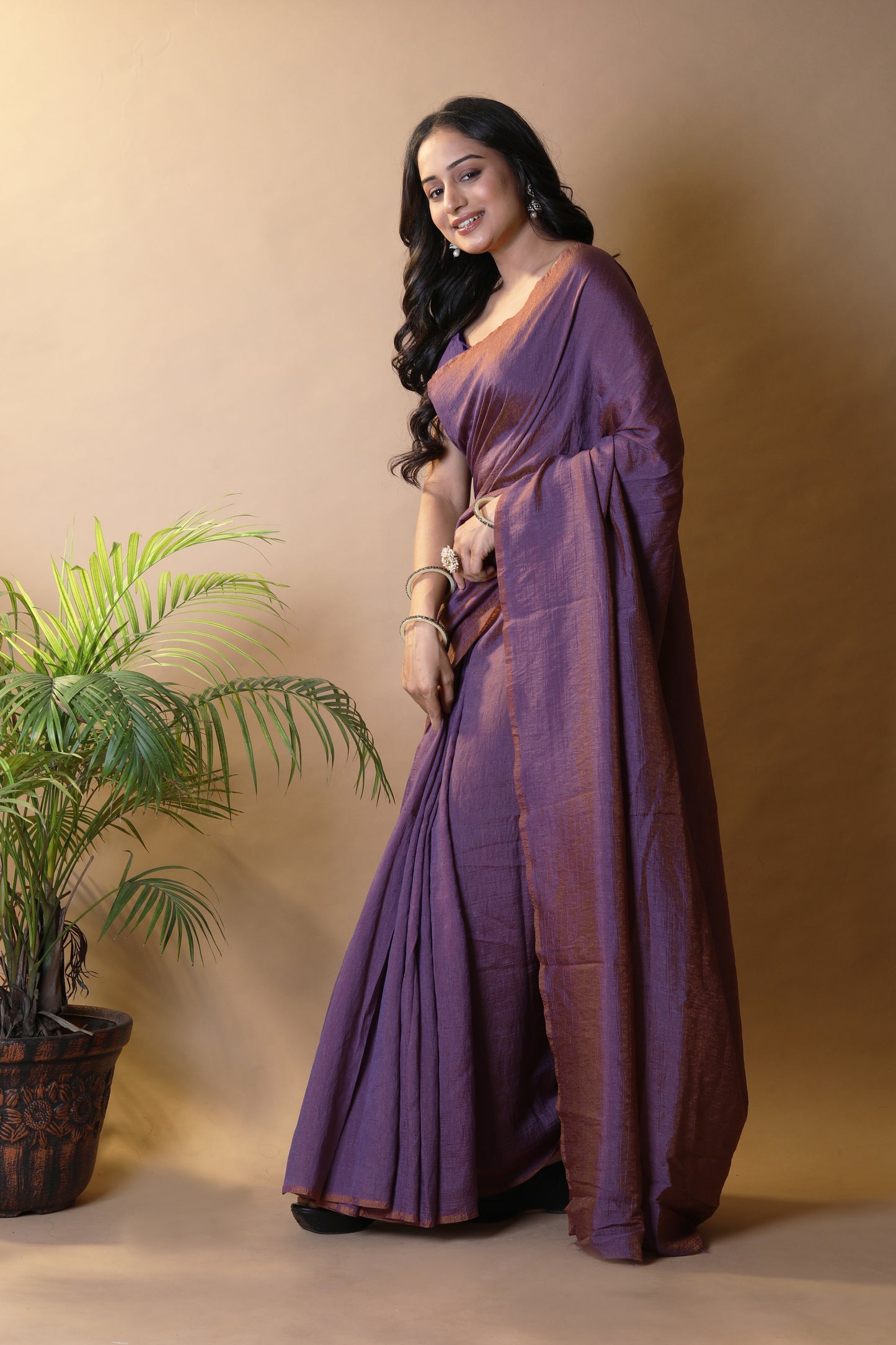 Purple Shimmer Silk Blend Two Tone Party Wear Saree