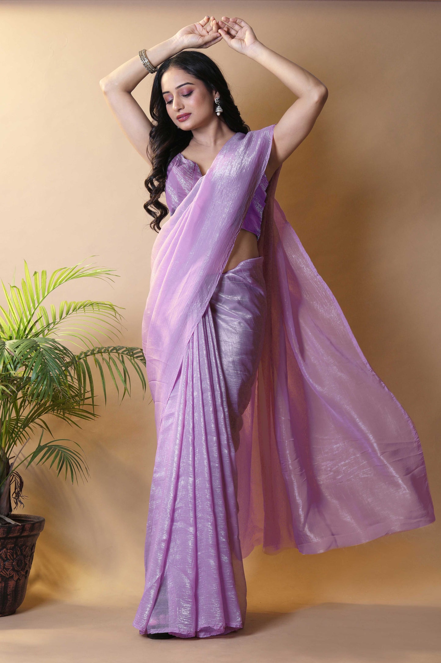 Elegant Lavender Shimmer Tissue Silk Crunchy Party Wear Saree