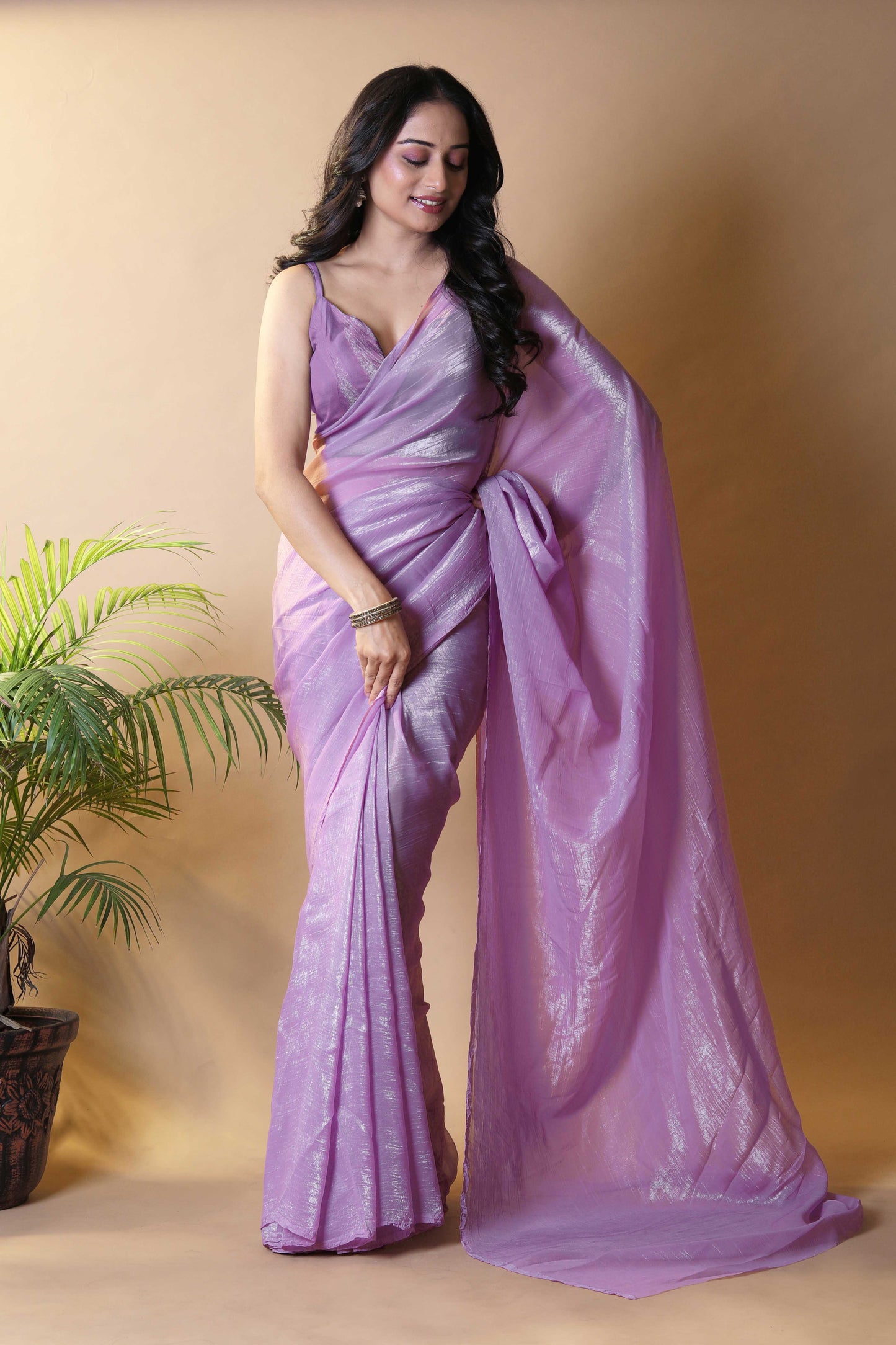 Elegant Lavender Shimmer Tissue Silk Crunchy Party Wear Saree