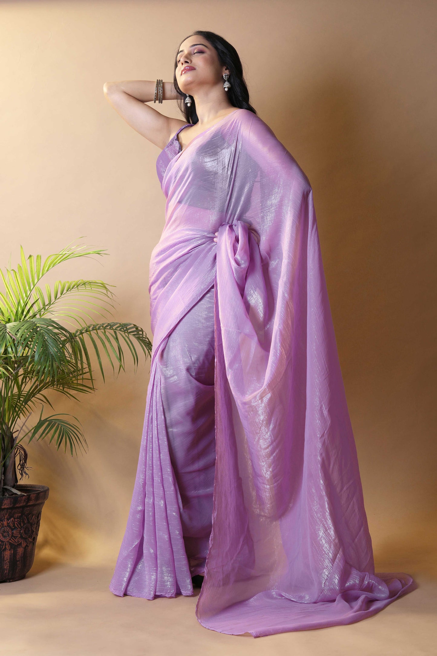 Elegant Lavender Shimmer Tissue Silk Crunchy Party Wear Saree