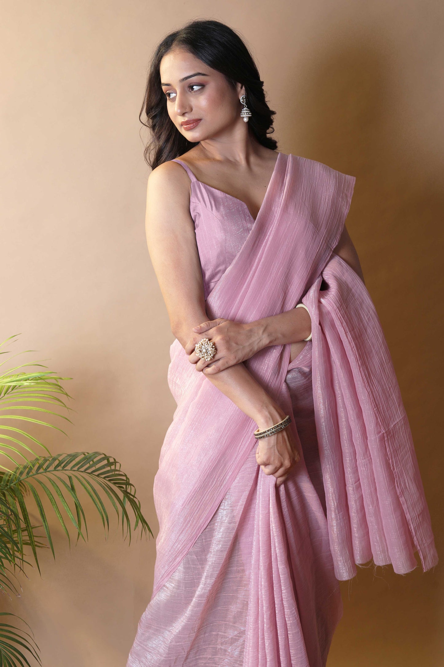 Elegant Blush Pink Shimmer Tissue Silk Crunchy Party Wear Saree