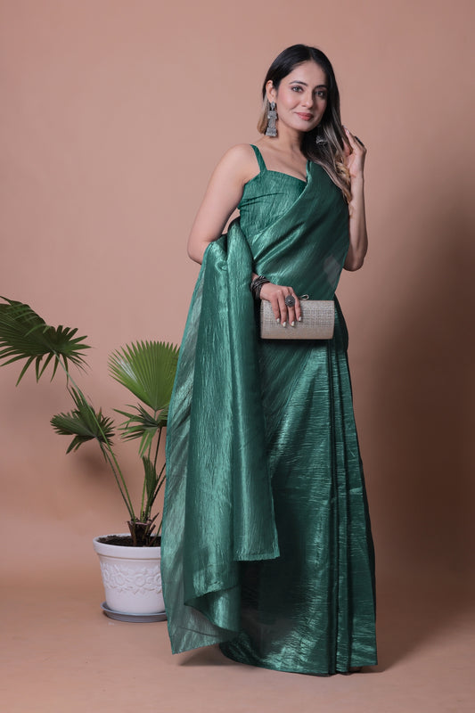 Elegant Emerald Green Tissue Silk Crunchy Party Wear Saree