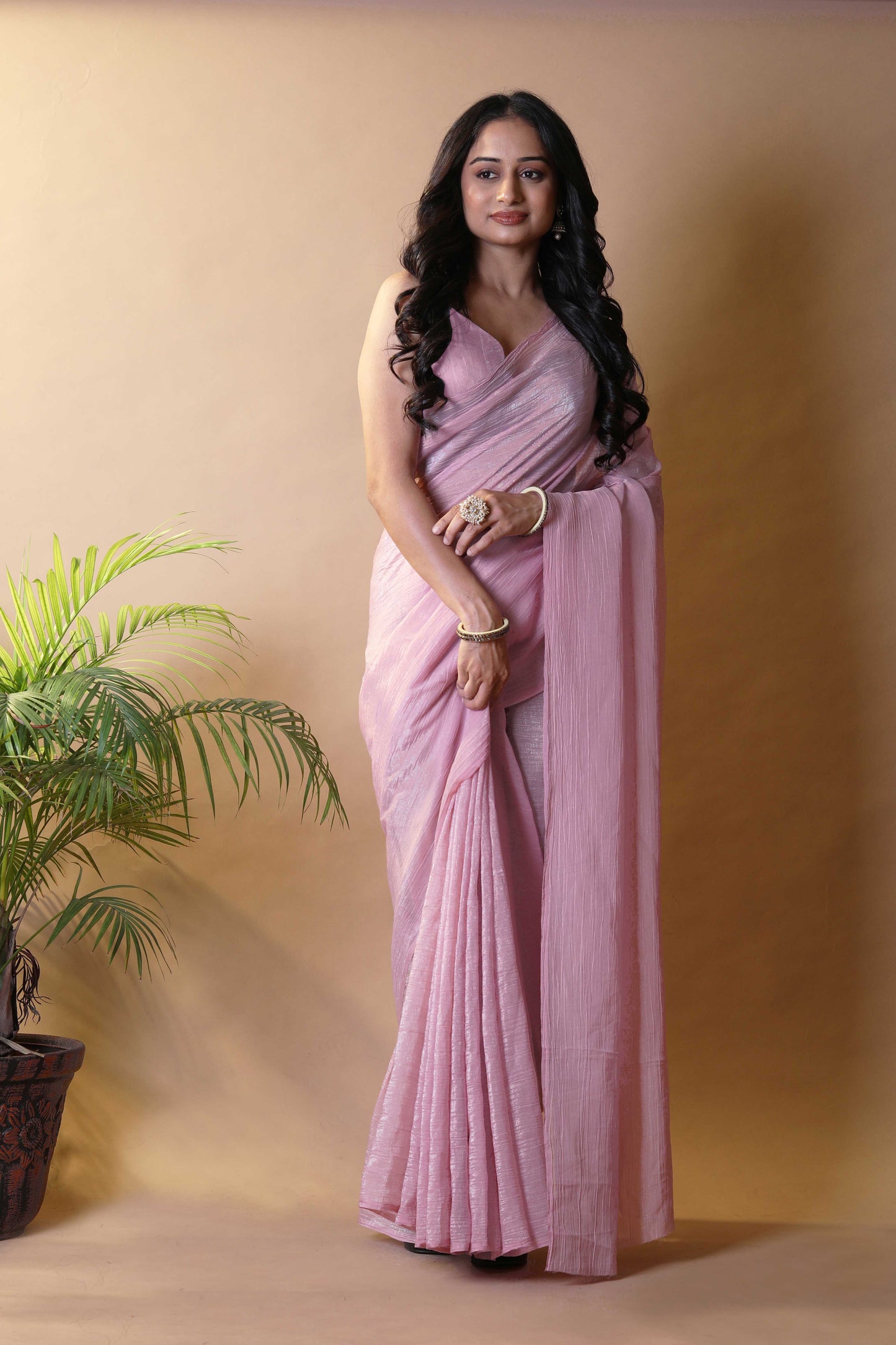 Elegant Blush Pink Shimmer Tissue Silk Crunchy Party Wear Saree