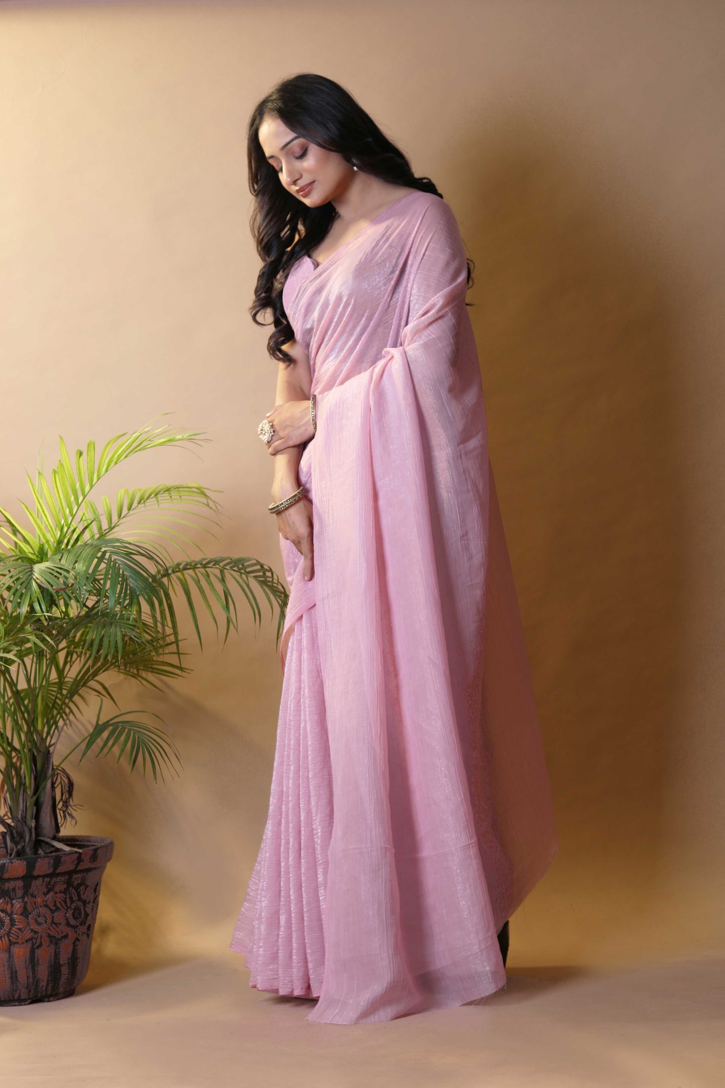 Elegant Blush Pink Shimmer Tissue Silk Crunchy Party Wear Saree