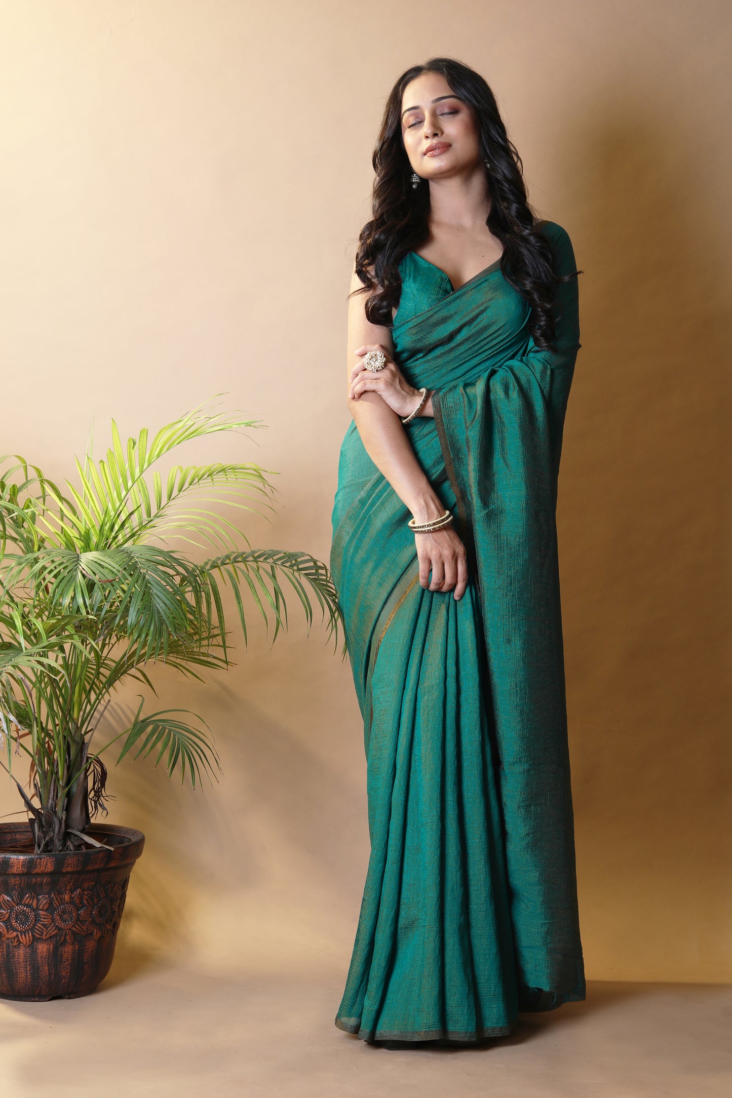 Teal Green Shimmer Silk Blend Two Tone Party Wear Saree