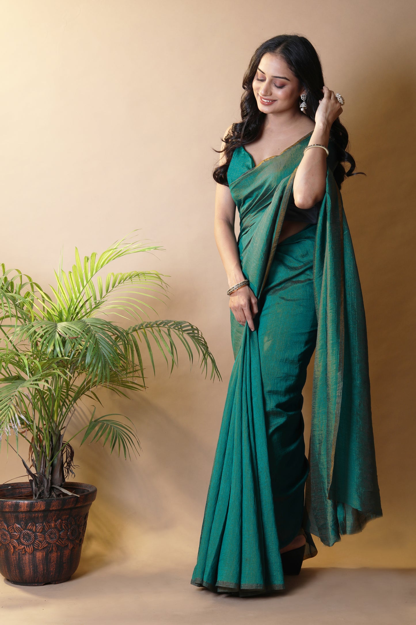Teal Green Shimmer Silk Blend Two Tone Party Wear Saree