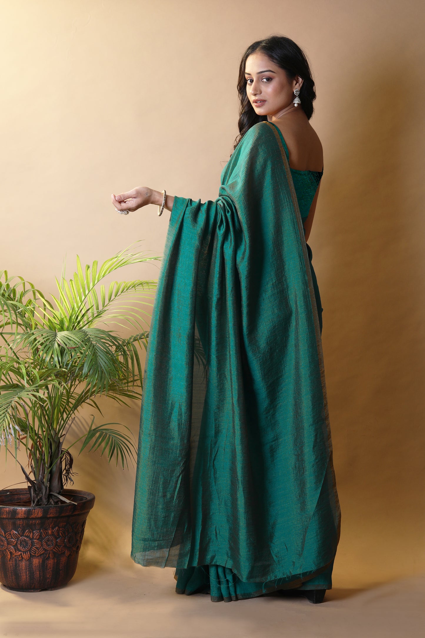Teal Green Shimmer Silk Blend Two Tone Party Wear Saree