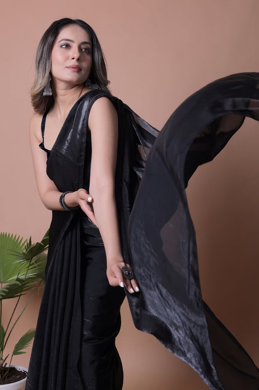 Elegant Black Shimmer Pure Satin Silk Two Tone Party Wear Saree