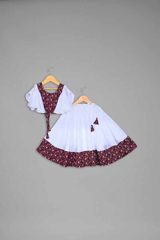 White Maroon Poly Silk Umbrella Sleeves Full Flair Lehenga Choli