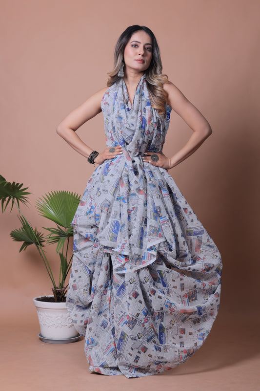 Elegant Newspaper Print Georgette Designer Saree