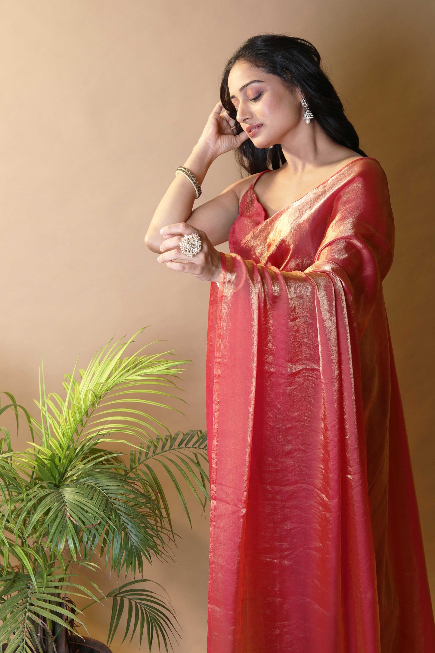 Elegant Orange Shimmer Satin Silk Two Tone Party Wear Saree