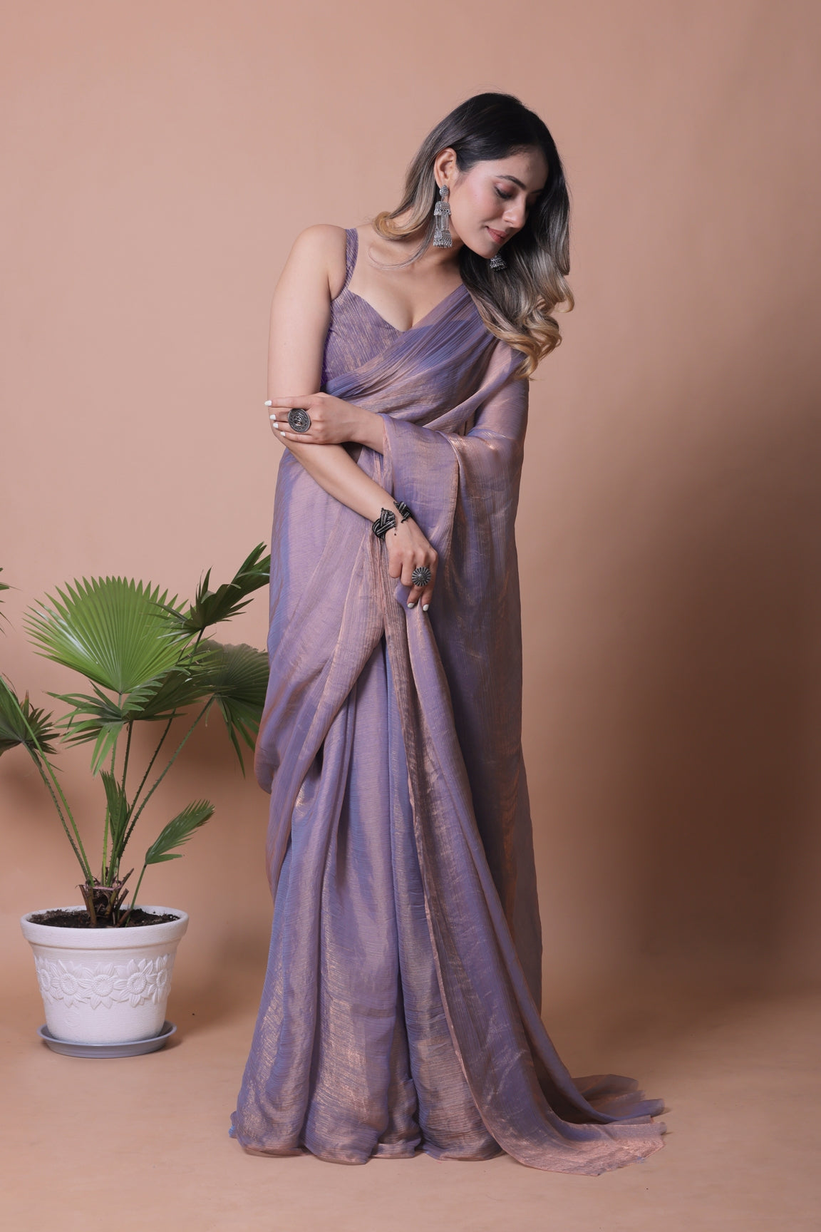 Elegant Lilac Purple Shimmer Pure Chiffon Two Tone Party Wear Saree