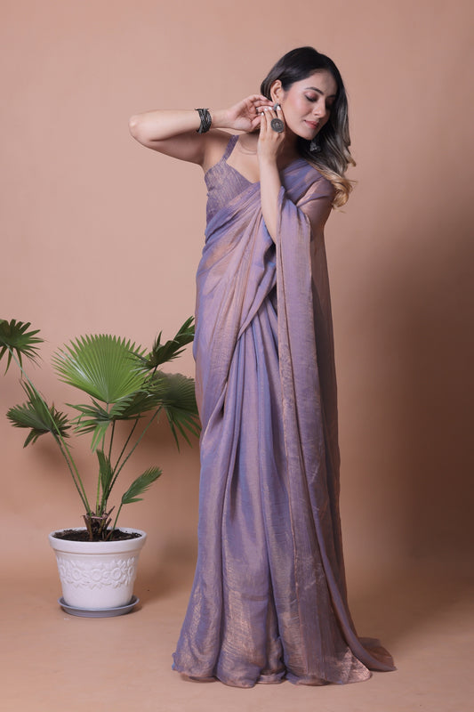 Elegant Lilac Purple Shimmer Pure Chiffon Two Tone Party Wear Saree