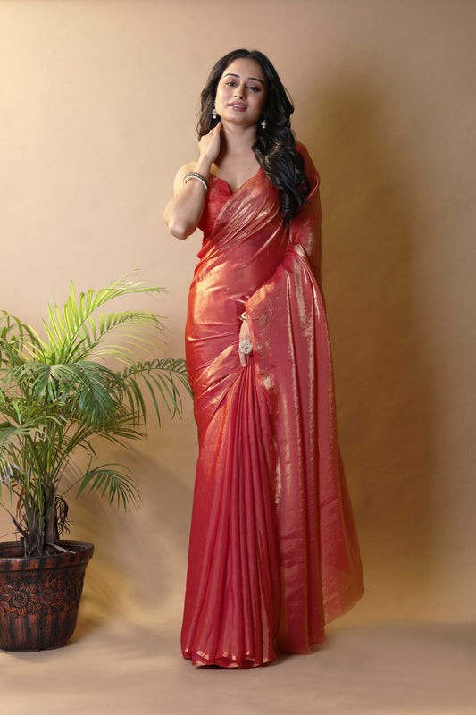 Elegant Orange Shimmer Satin Silk Two Tone Party Wear Saree