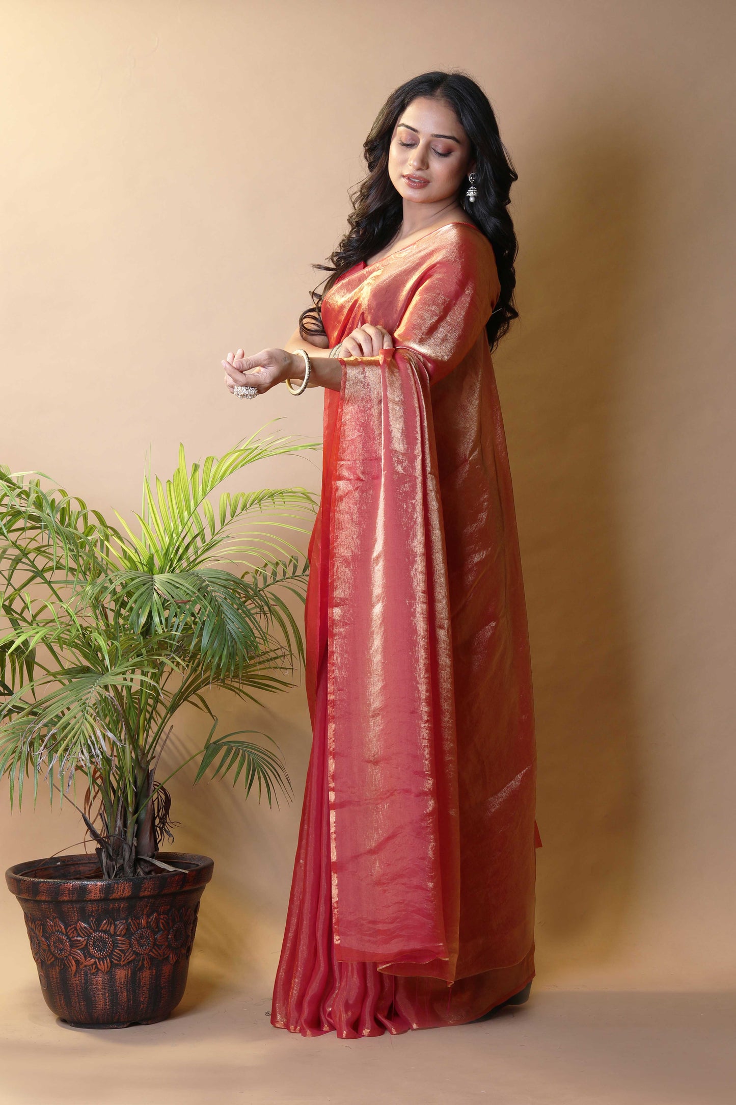 Elegant Orange Shimmer Satin Silk Two Tone Party Wear Saree