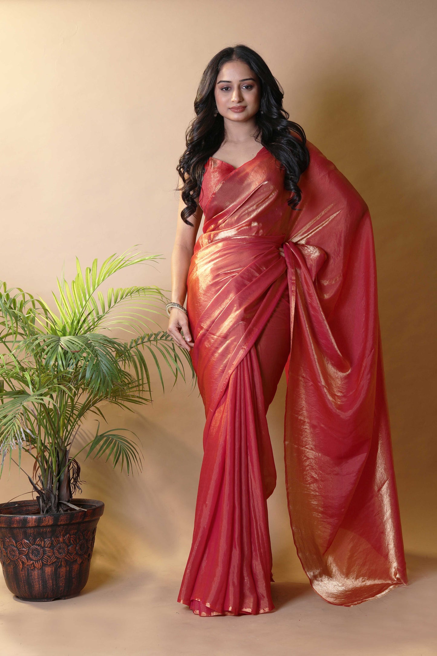 Elegant Orange Shimmer Satin Silk Two Tone Party Wear Saree