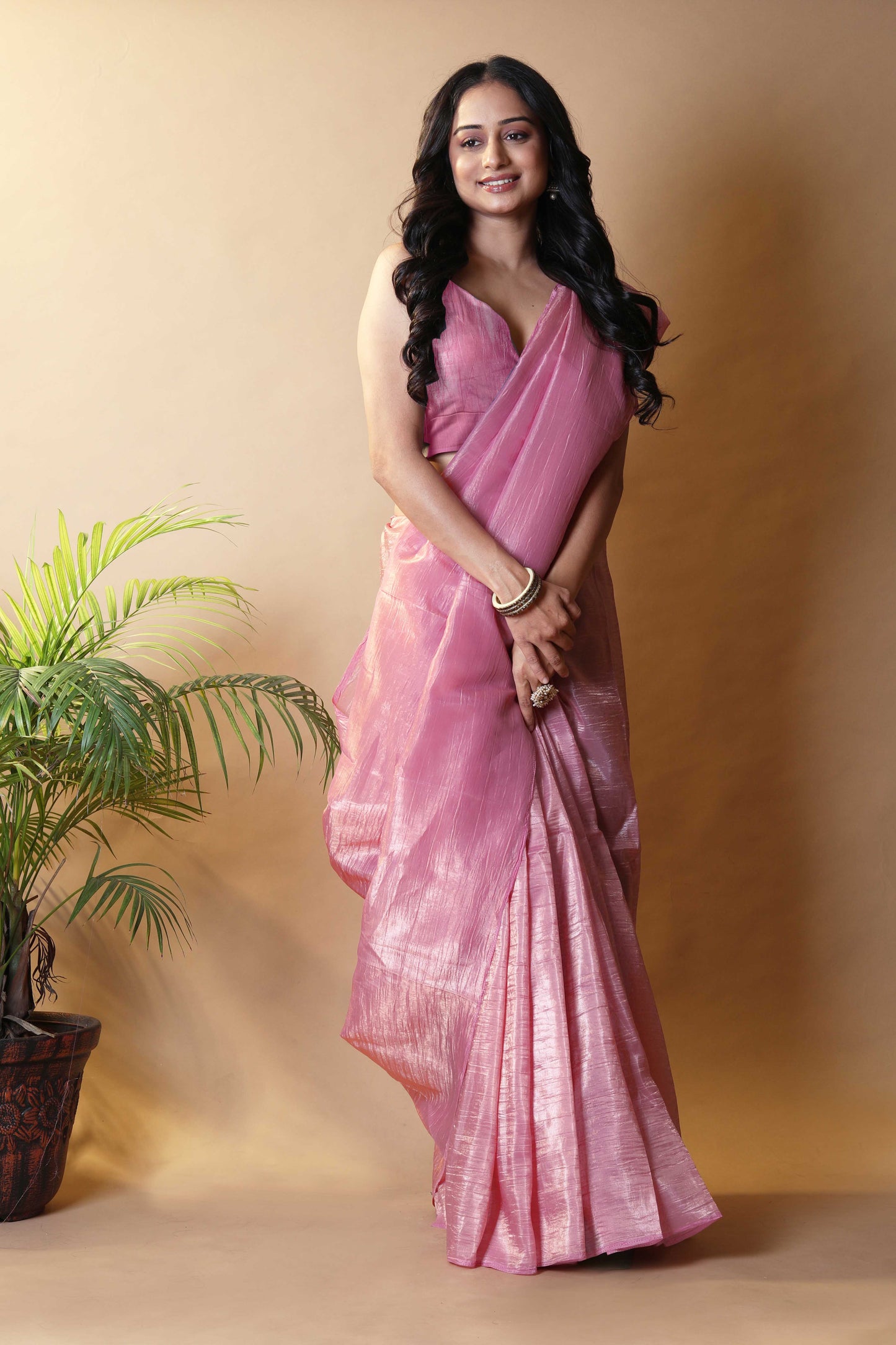 Elegant Baby Pink Tissue Silk Crunchy Party Wear Saree