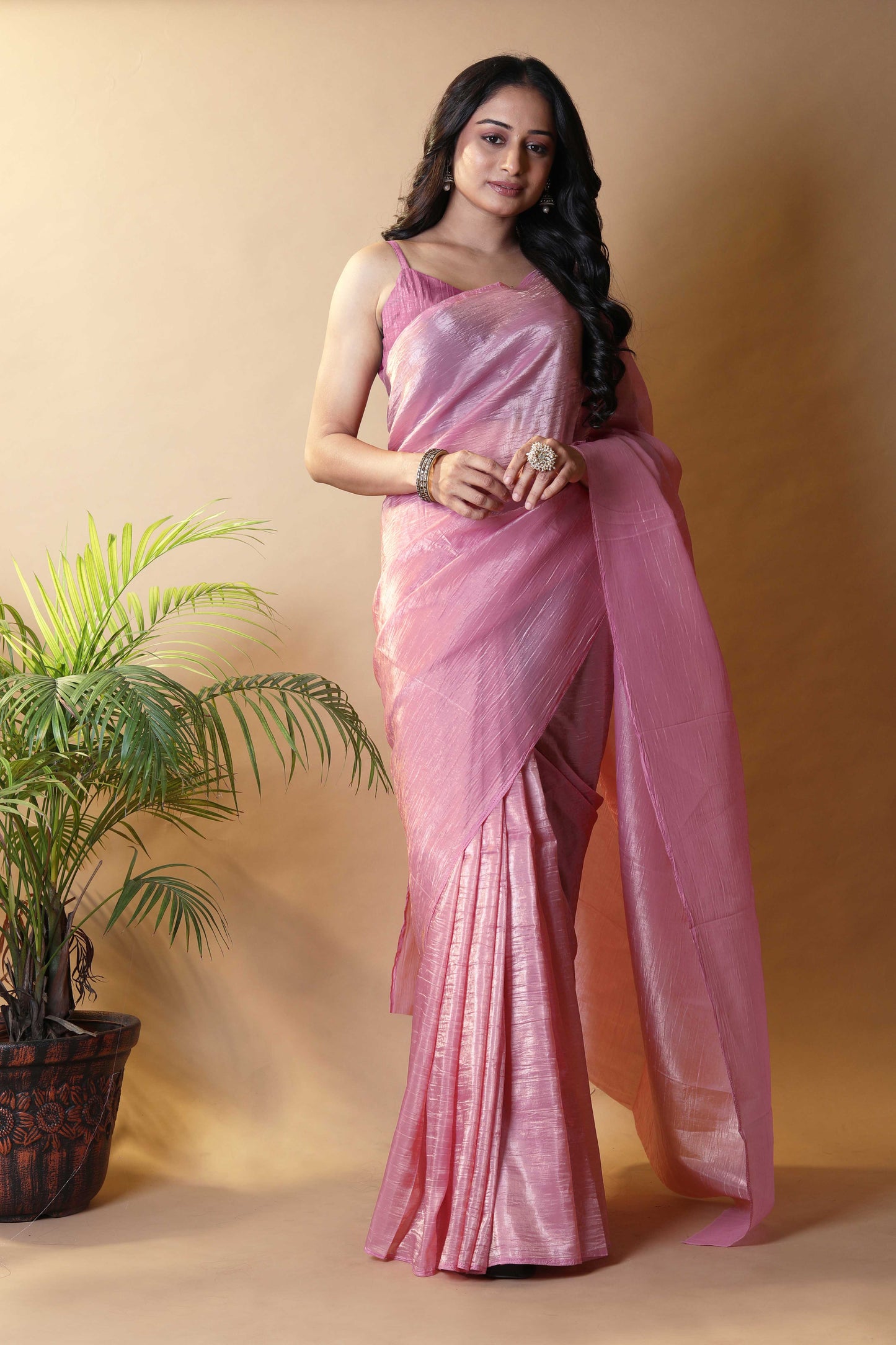 Elegant Baby Pink Tissue Silk Crunchy Party Wear Saree
