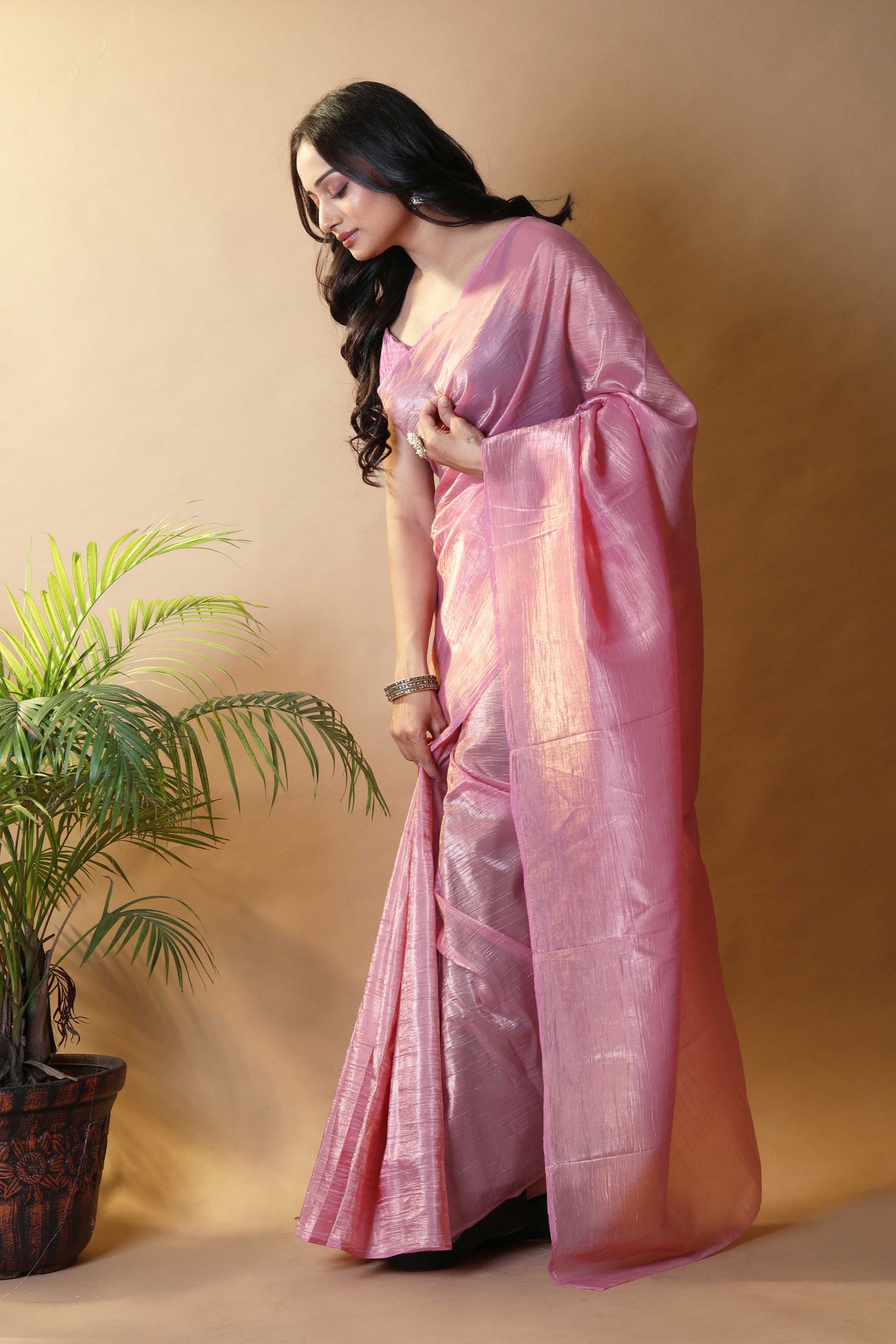 Elegant Baby Pink Tissue Silk Crunchy Party Wear Saree