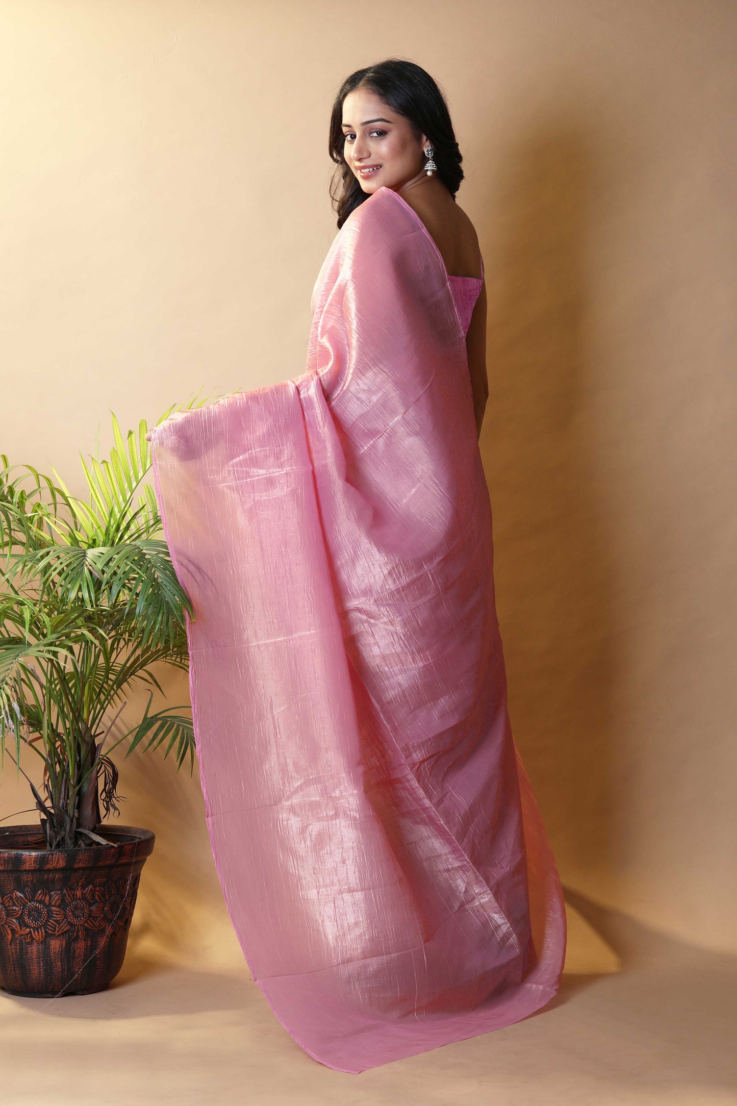 Elegant Baby Pink Tissue Silk Crunchy Party Wear Saree