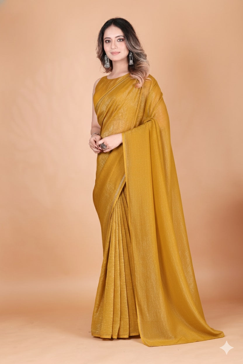 Elegant Musterd Shimmer Tissue Silk Crunchy Party Wear Saree