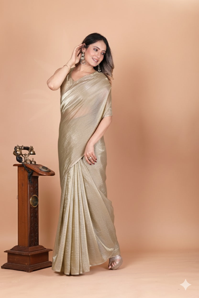 Elegant Gold Tissue Silk Crunchy Party Wear Saree