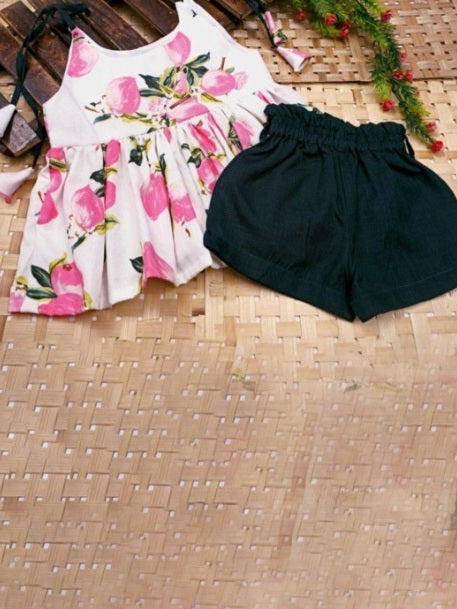 Peplum Style Printed Top And Cotton Shorts Casual Clothing Set