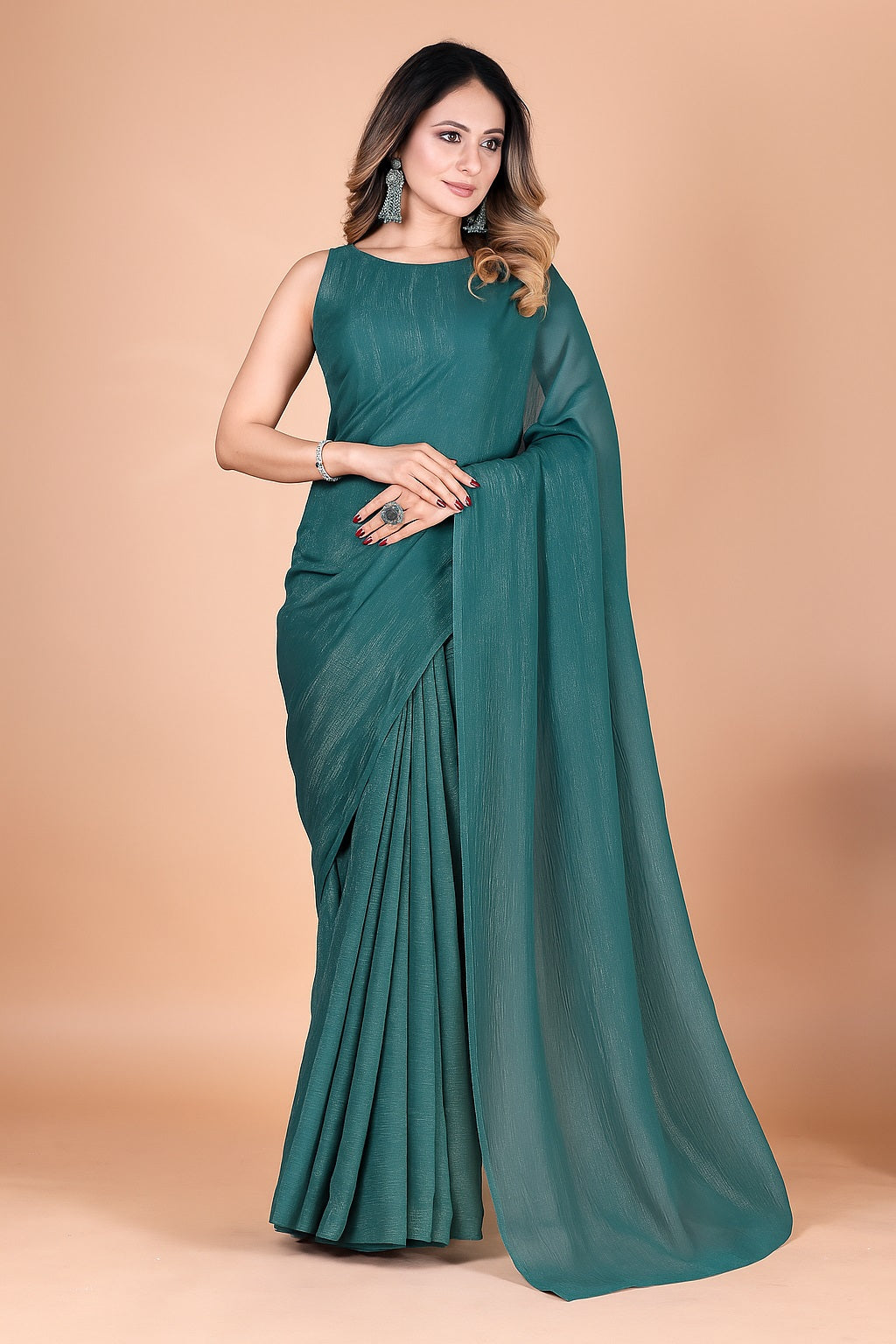 Elegant Bottle Green Shimmer Tissue Silk Crunchy Party Wear Saree