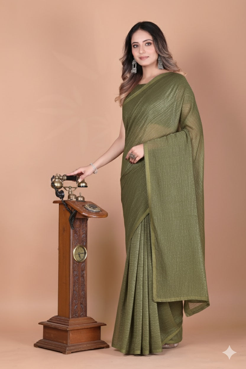 Elegant Olive Green Shimmer Tissue Silk Crunchy Party Wear Saree