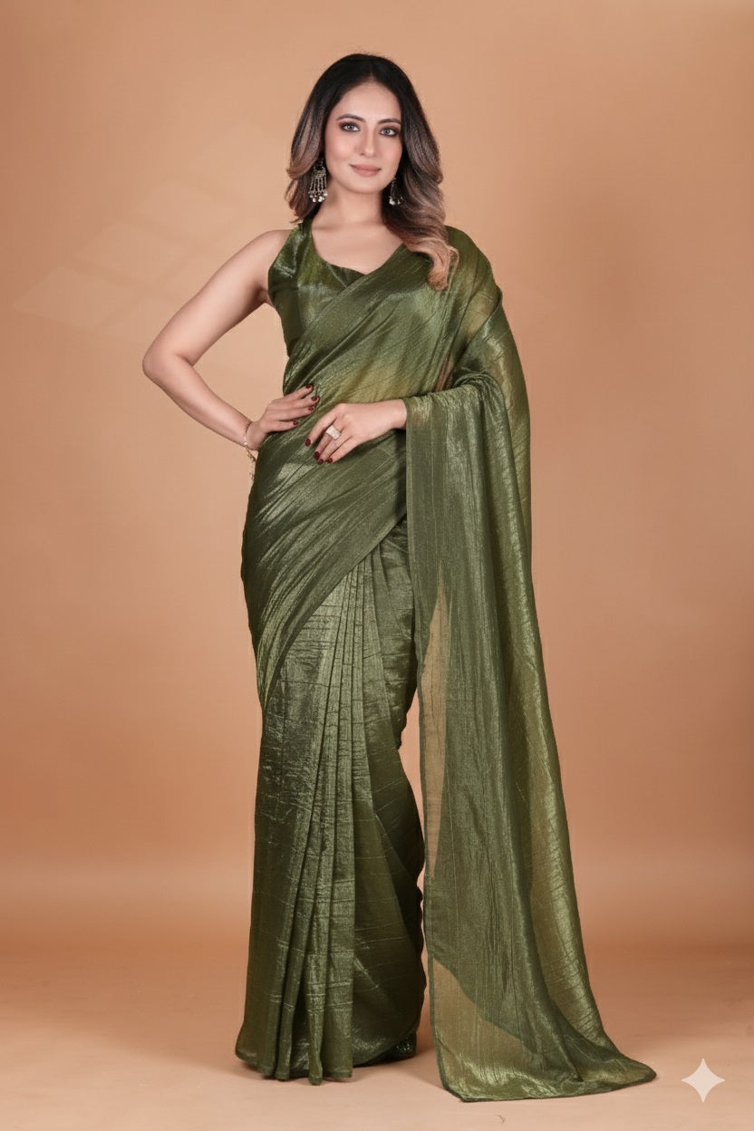Elegant Mehendi Green Tissue Silk Crunchy Party Wear Saree