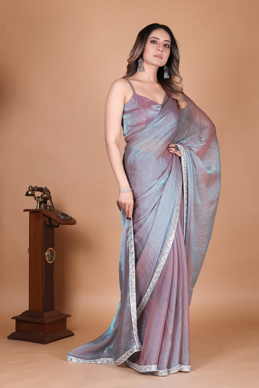 Two Tone Pink Shimmer Chiffon Saree with Embellished Border