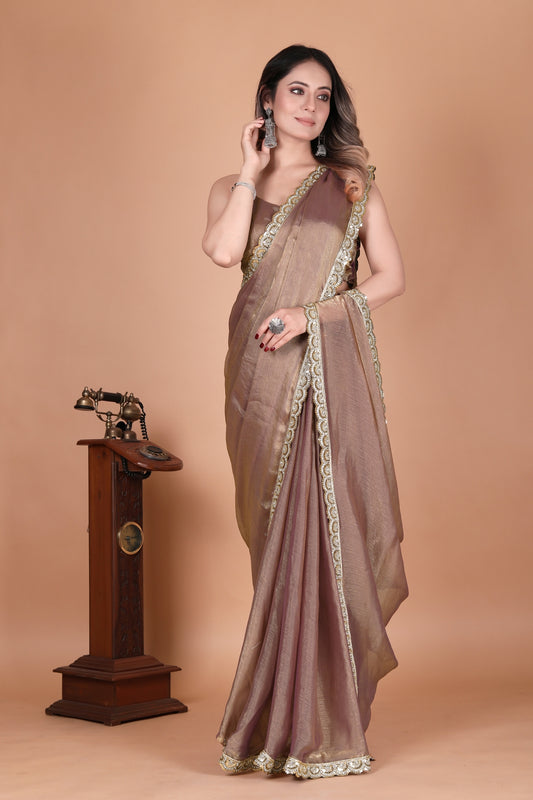 Two Tone Metallic Brown Shimmer Chiffon Saree with Embellished Border