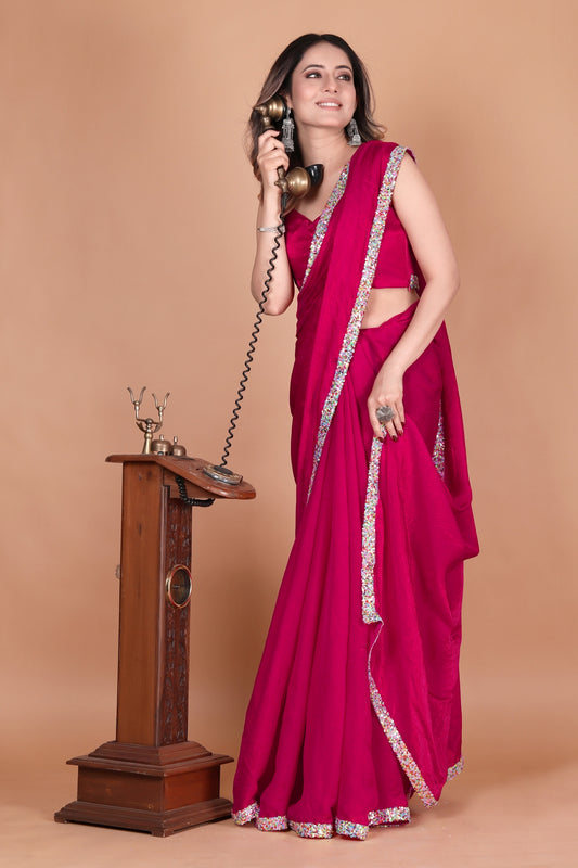 Magenta Pink Two Tone Fandy Satin Silk Party Wear Saree with Multy Sequin Border