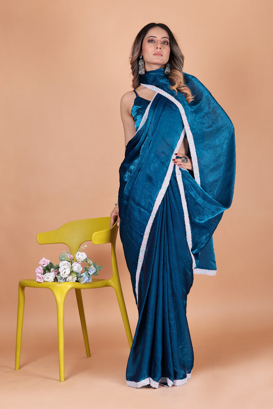 Elegant Teal Blue Two Tone Fandy Satin Silk Party Wear Saree with Fancy Border Trim
