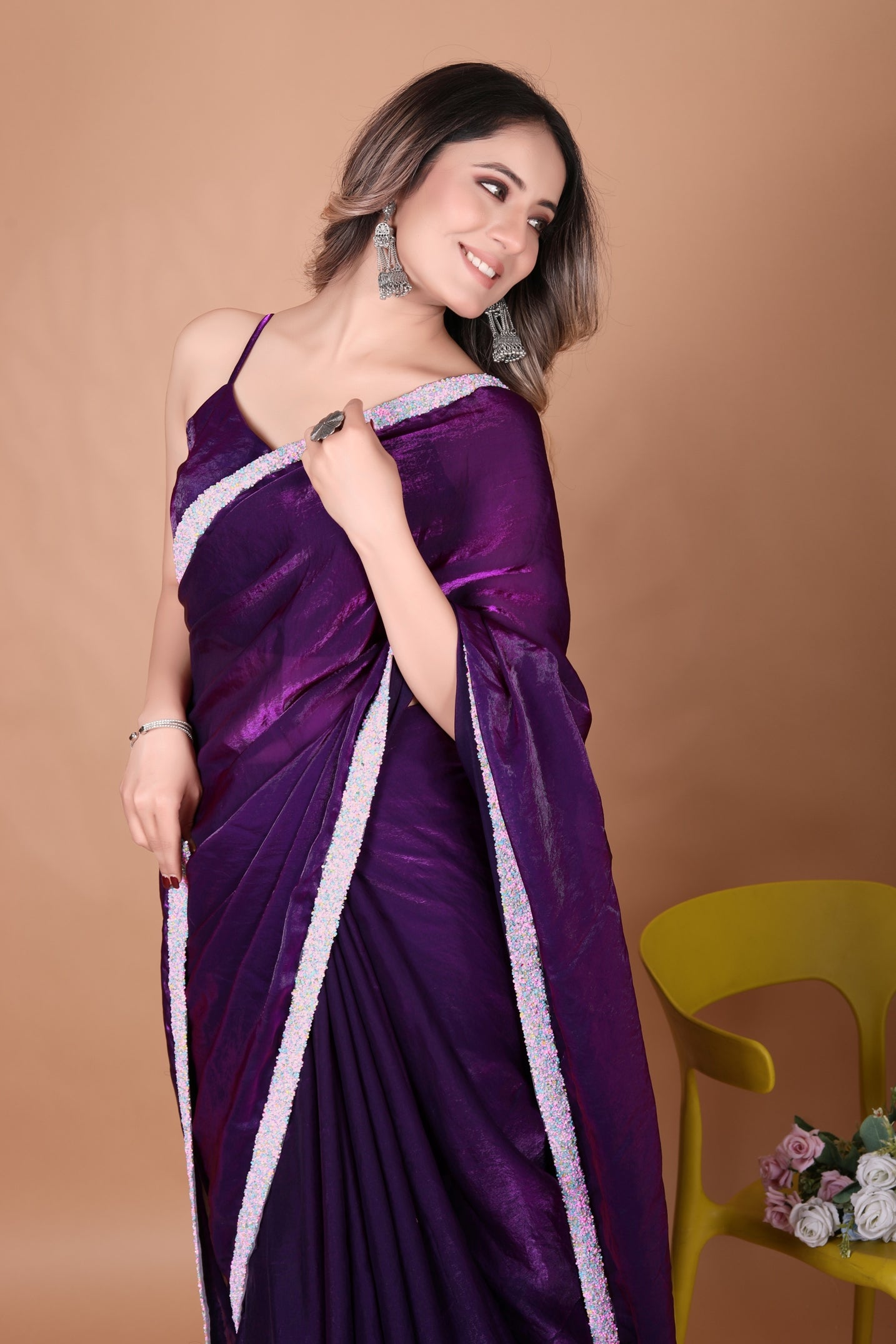 Elegant Purple Two Tone Fandy Satin Silk Party Wear Saree with Fancy Border