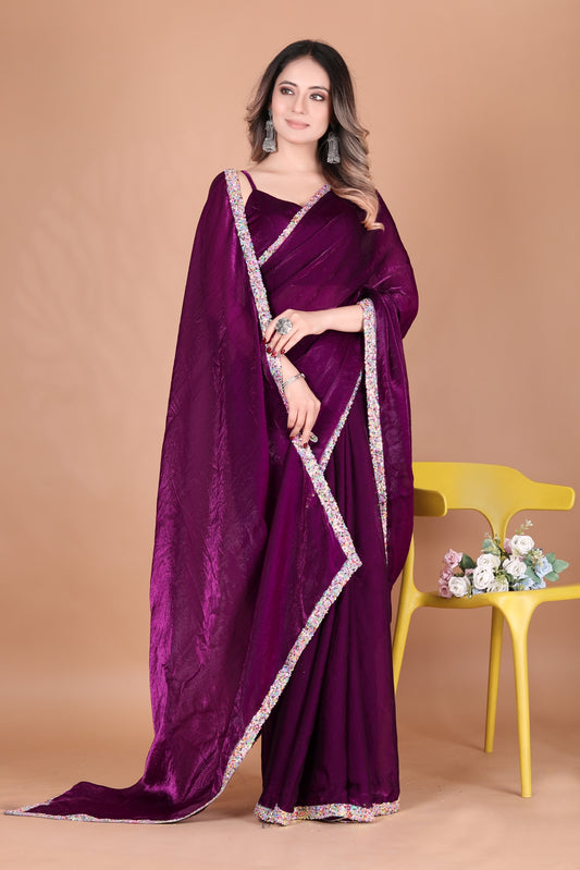Elegant Beet Two Tone Fandy Satin Silk Party Wear Saree with Multy Sequin Border