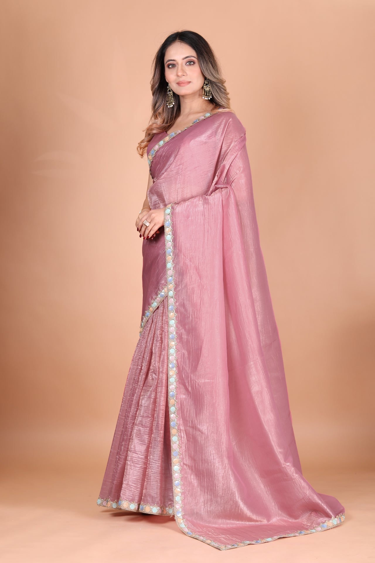 Gold Crush Tissue Silk Baby Pink Two Tone Saree with Embellished Border
