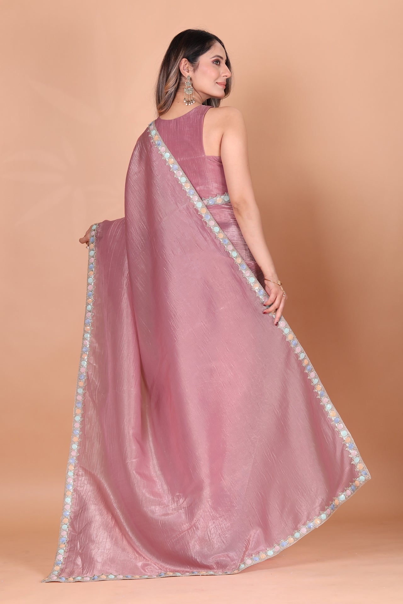Gold Crush Tissue Silk Baby Pink Two Tone Saree with Embellished Border