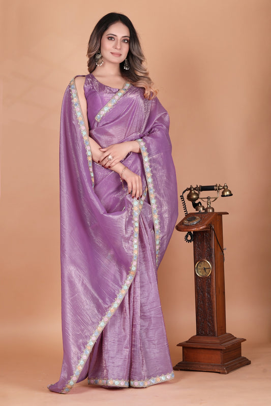 Lavender Purple Crush Tissue Silk Two Tone Saree with Embellished Border